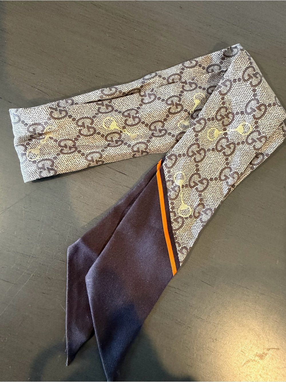 Gucci Brown & Beige GG Monogram Silk Twilly with Orange Trim